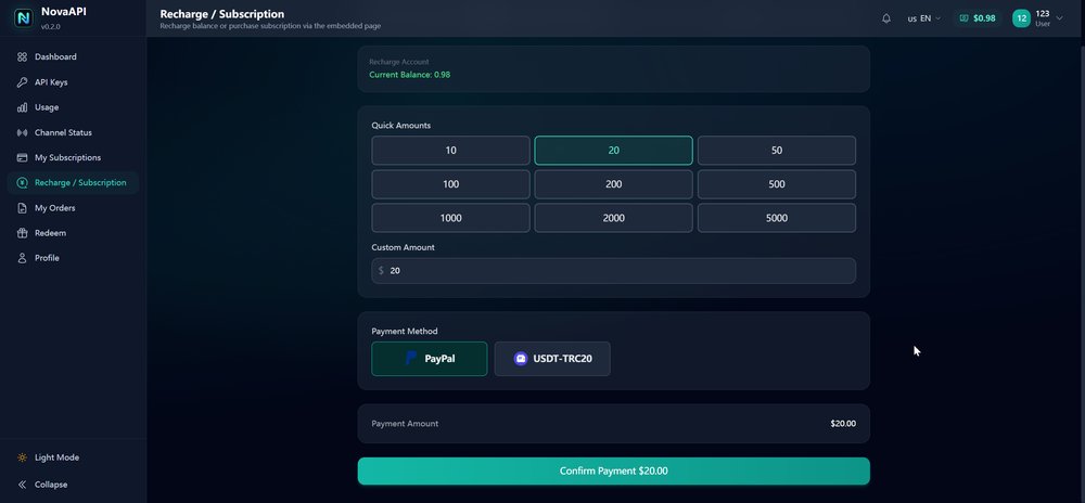 NovaAPI top-up page with PayPal and USDT