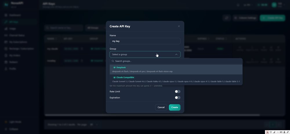 Create API key dialog with group selection