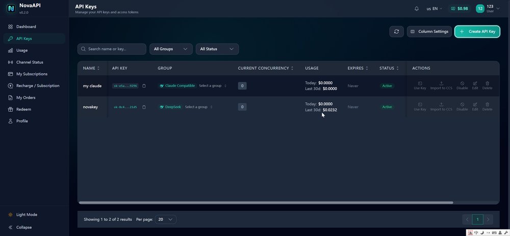 API keys list showing group and usage per key