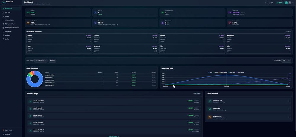 NovaAPI dashboard with per-model usage records